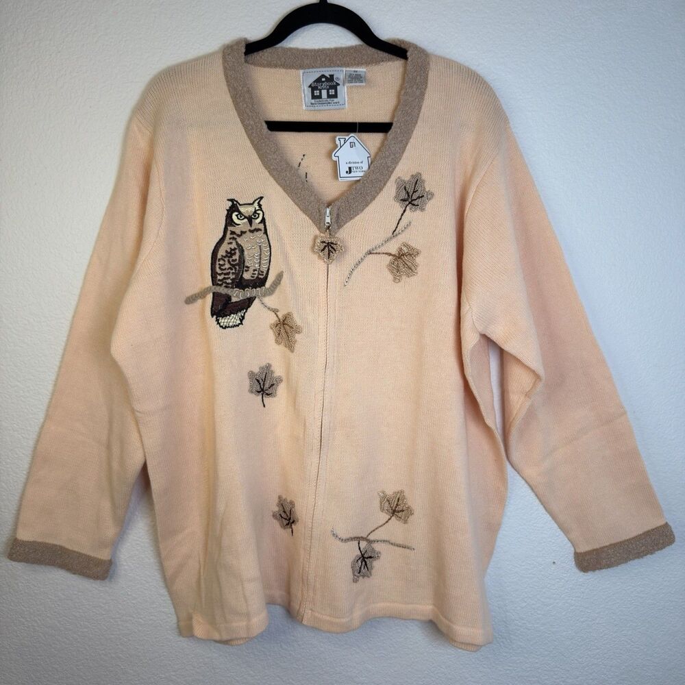 Storybook Knits 3X Autumn Guardian Owl Zip Cardigan Sweater Fall Leaves NWT